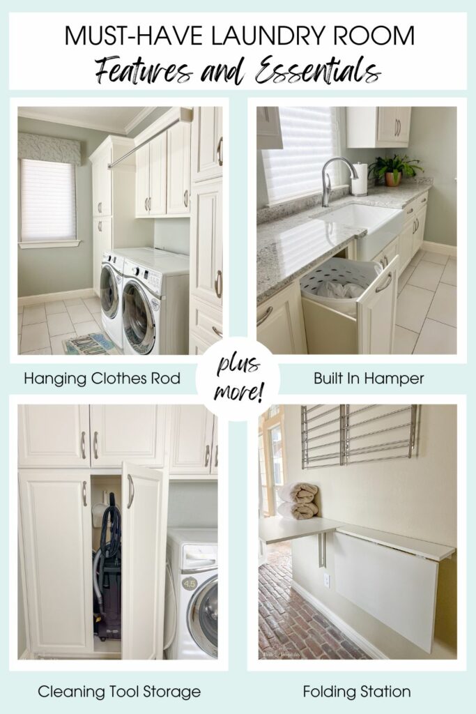 Laundry room features and essentials Pinterest graphic