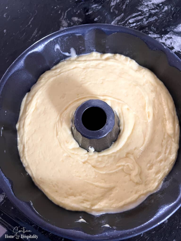 Cake batter in bundt pan before baking