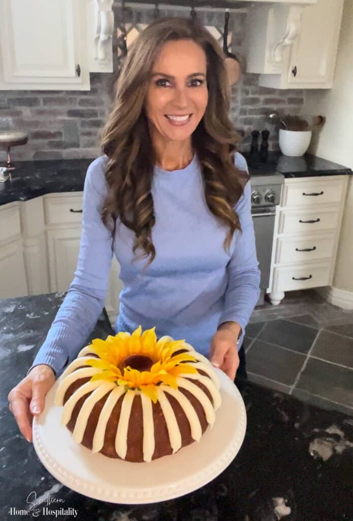 Nothing Bundt Cake copycat homemade cake with sunflower, Kate Rodgers of Southern Home and Hospitality
