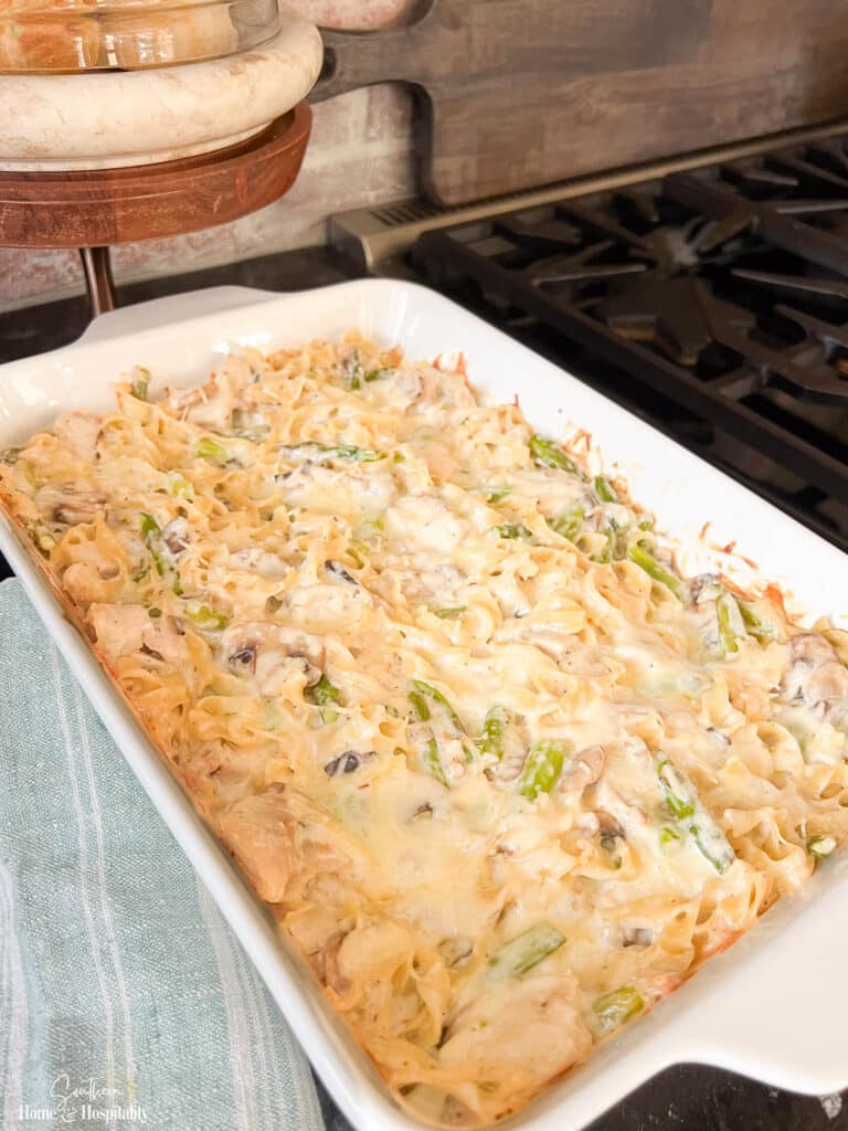 Baked Chicken and Asparagus Casserole in baking dish