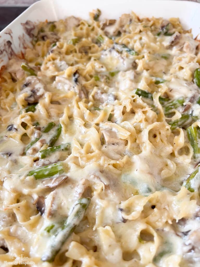 Chicken aspagagus mushrooms and pasta casserole with cheese