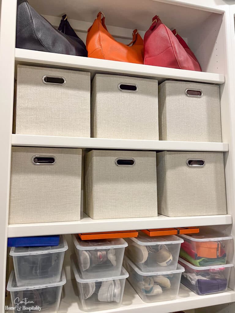 Storage bins in custom closet built ins