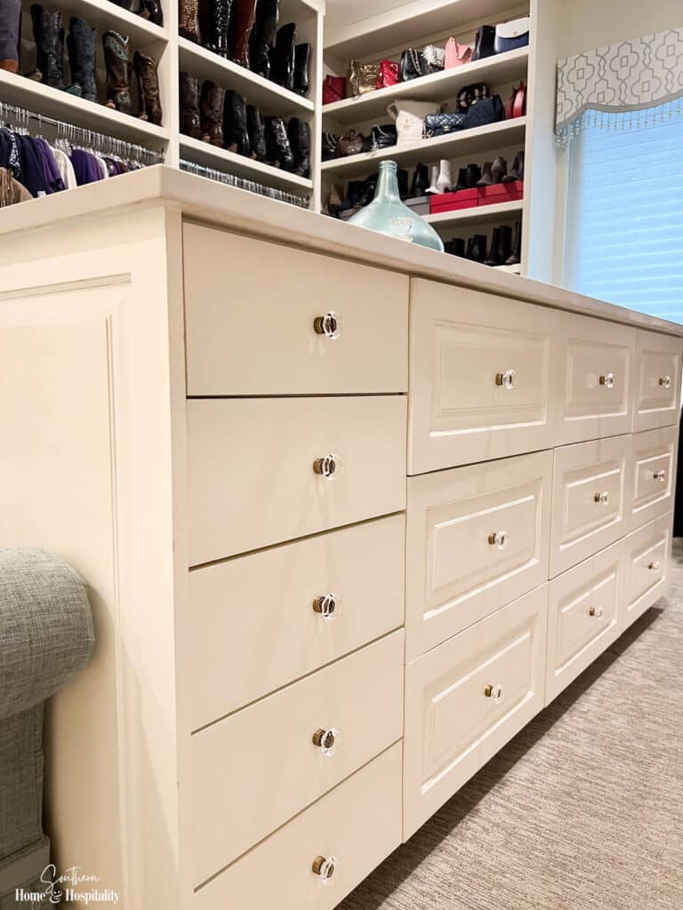 Closet island with drawers and crystal knobs