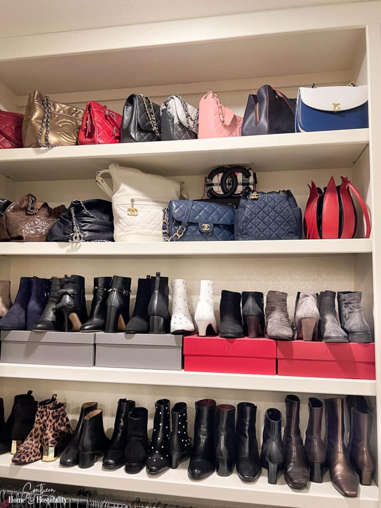 Designer purses and shoes on custom closet shelves