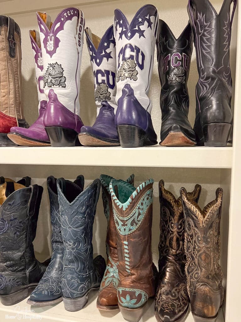 TCU cowboy boots on custom closet shelf