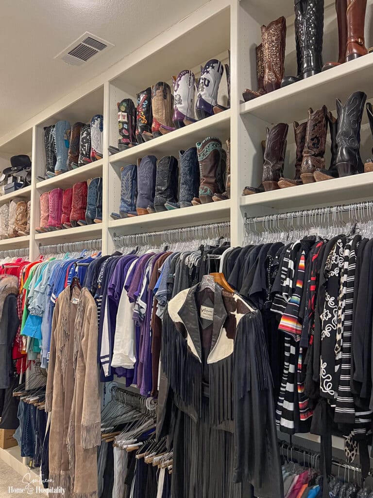 Cowboy boots in custom closet shelves