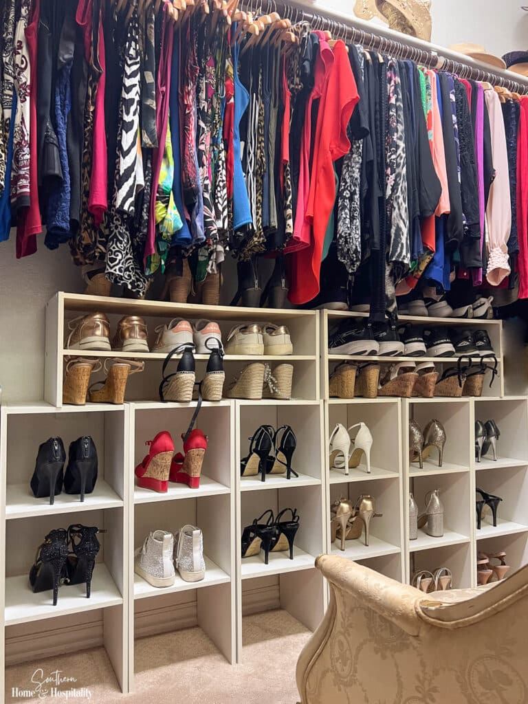 Stackable shoe cubes with heels in master closet