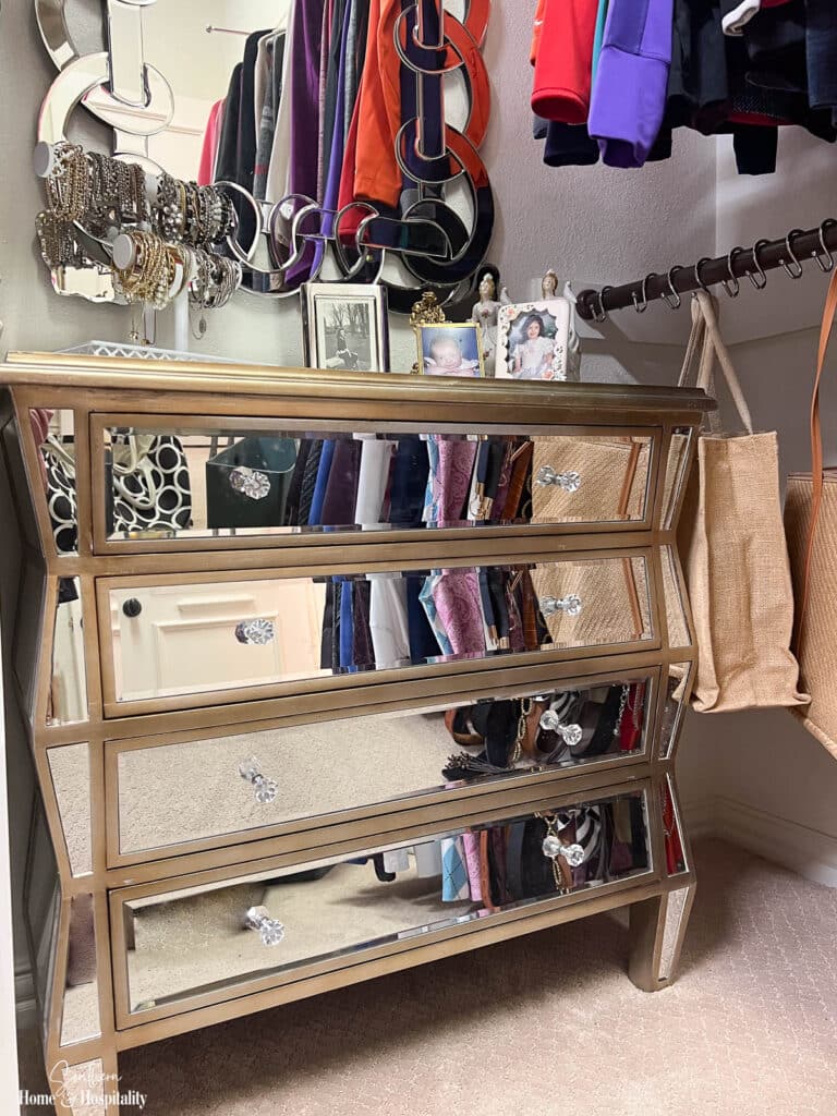 Mirrored chest for jewelry in closet