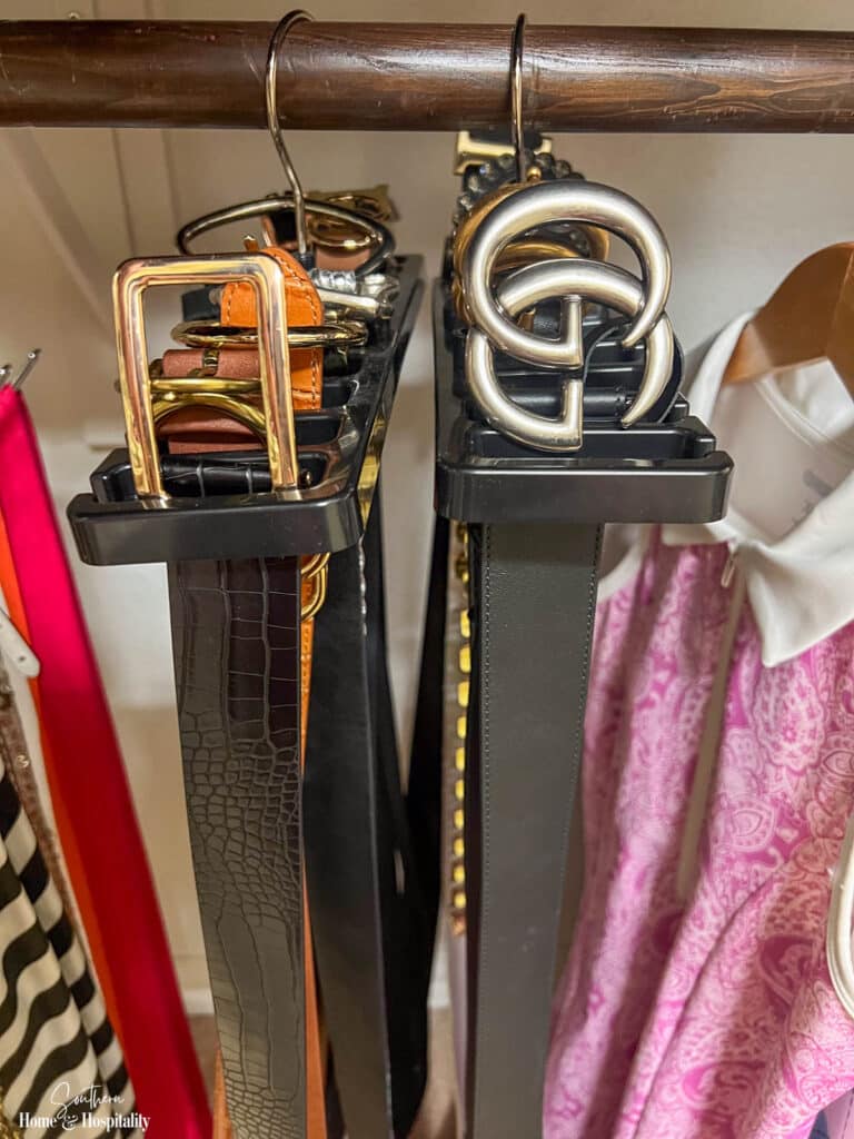Belt hangers on closet rod