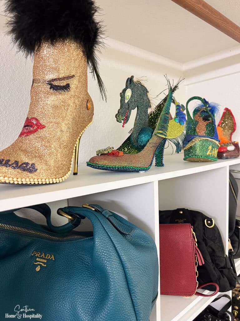Mardi Gras Muses shoes displayed in closet