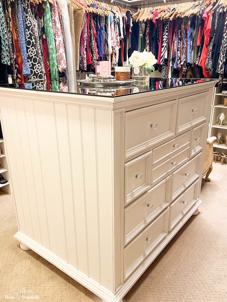 DIY closet island with dressers and mirror top