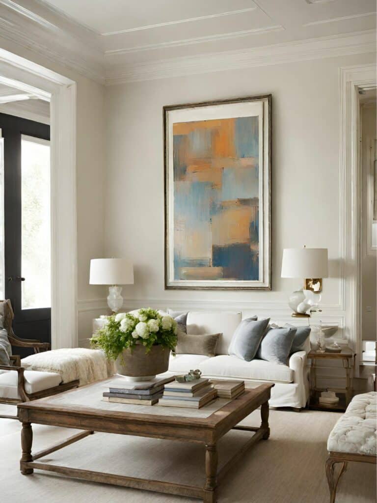 Living room with one large modern painting over the sofa
