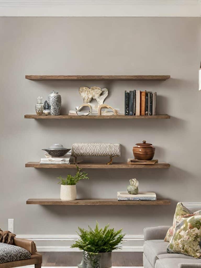 Floating wall shelves in a living room