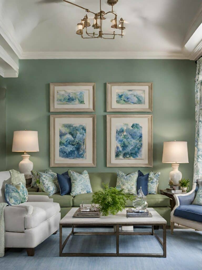 Matching art set in blue and green above a sofa