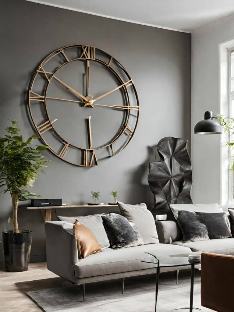 Large metal clock on an empty wall