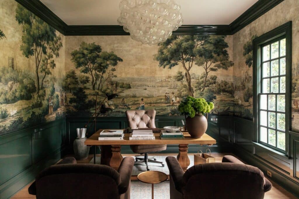 Mural wallpaper above wainscoting in a study