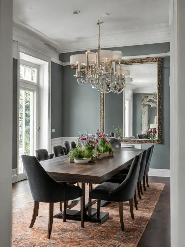 Dining room with oversized mirror on blank wall