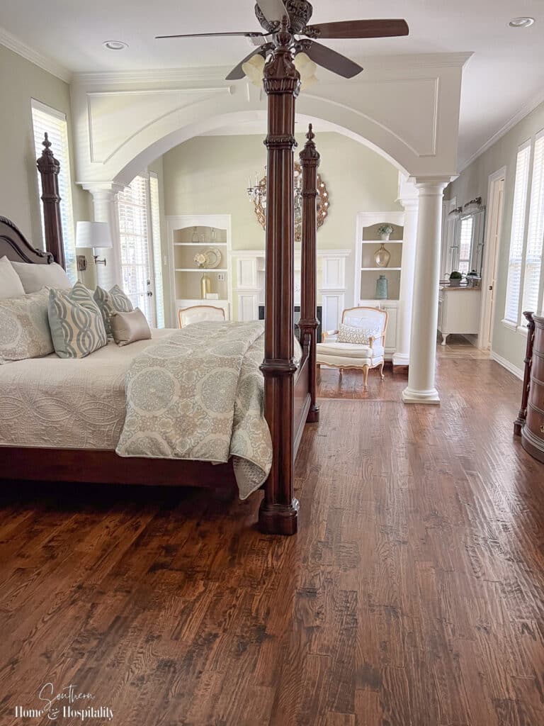 Master bedroom with handscraped wood floors