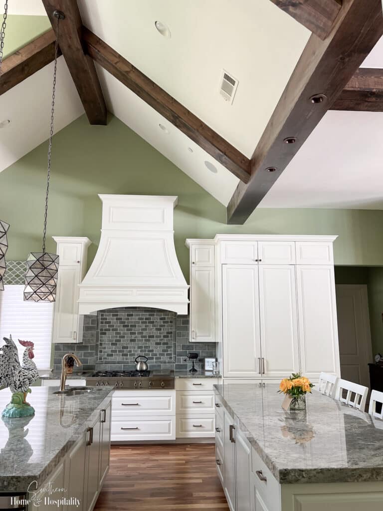 Kitchen with vaulted ceiling and wood beams