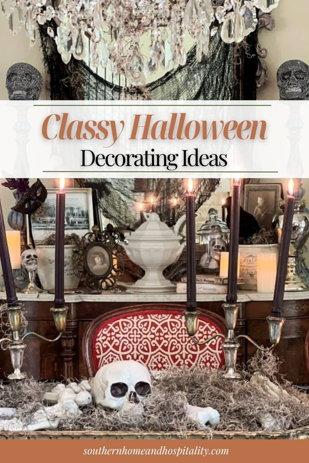 Spooky chic Halloween dining room decorated with witch hats, candles, skulls, and vintage accents for classy Halloween decor.