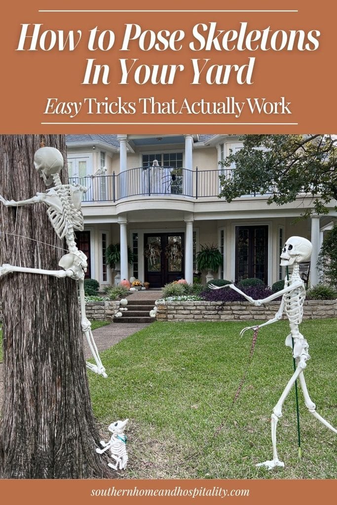 Halloween skeleton climbing a tree with a skeleton dog in the yard, showing a fun way to pose skeletons for outdoor Halloween decor.