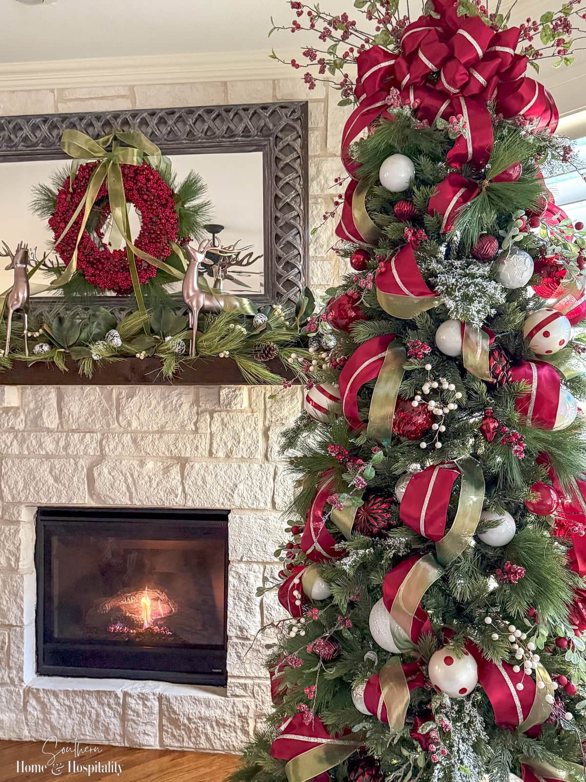 Christmas tree decorated with two coordinating ribbons and ornaments