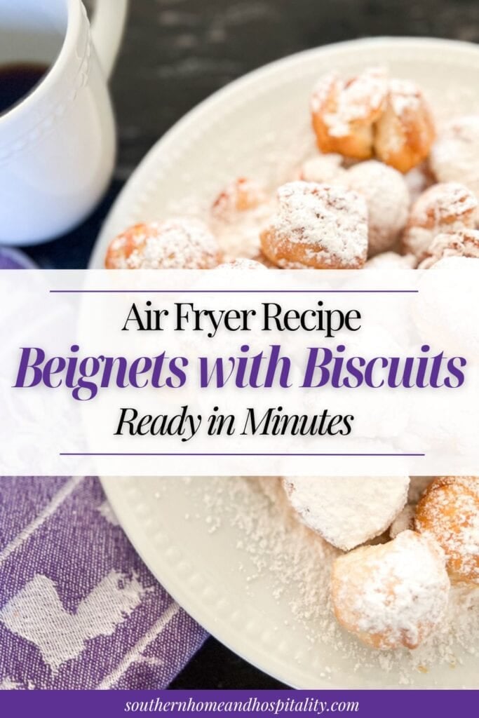 Air fryer biscuit beignets made with canned biscuits and dusted with powdered sugar