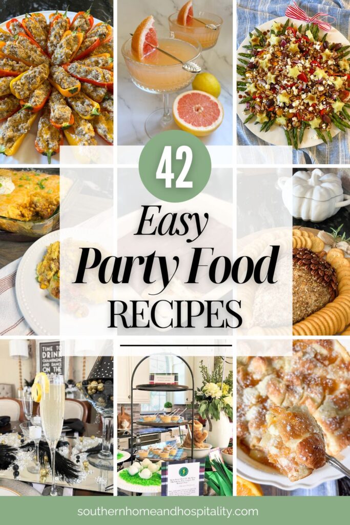 Easy food recipes for parties including appetizers, casseroles, desserts, and cocktail drink ideas in a colorful roundup collage.