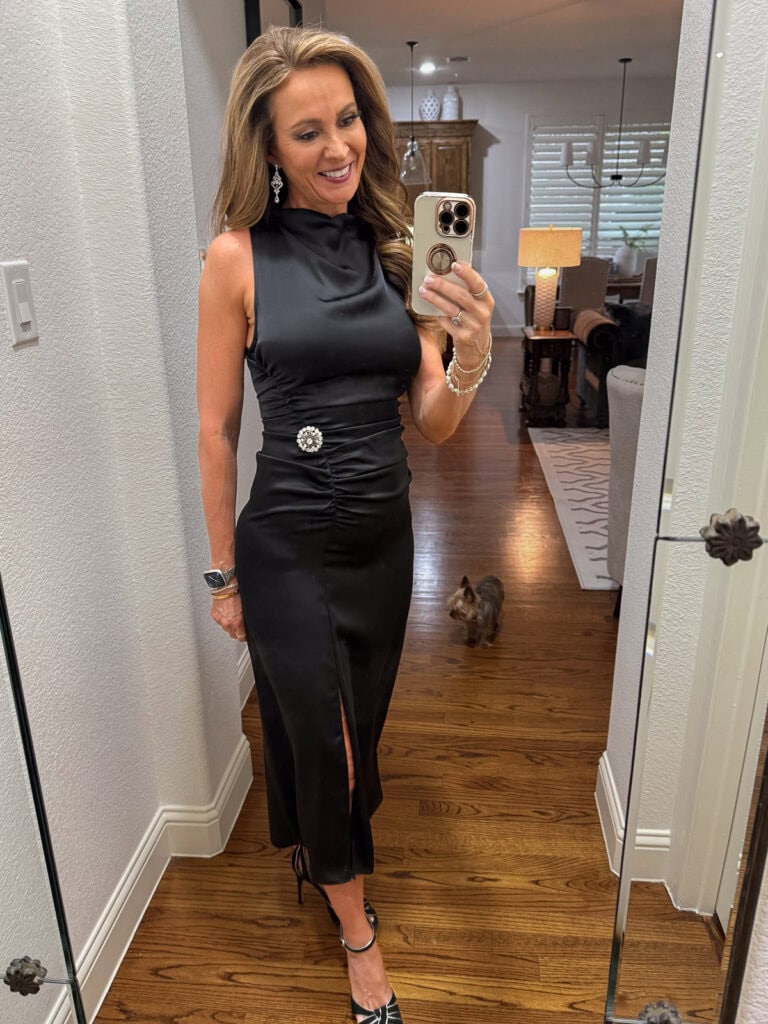 Sleeveless black satin midi dress