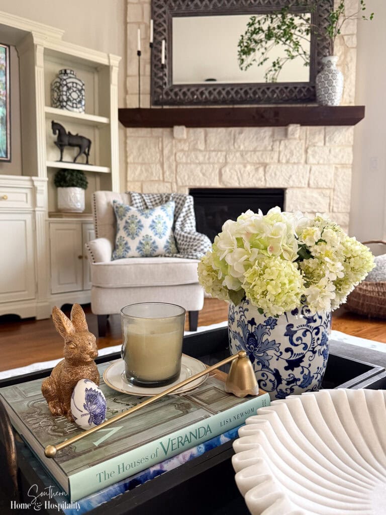blue and green spring coffee table decor