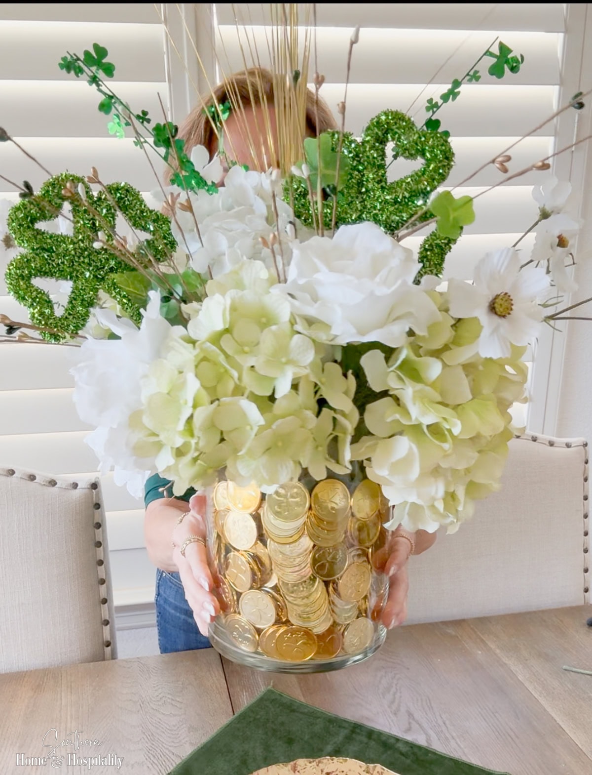 St. Patricks Day centerpiece with gold coins