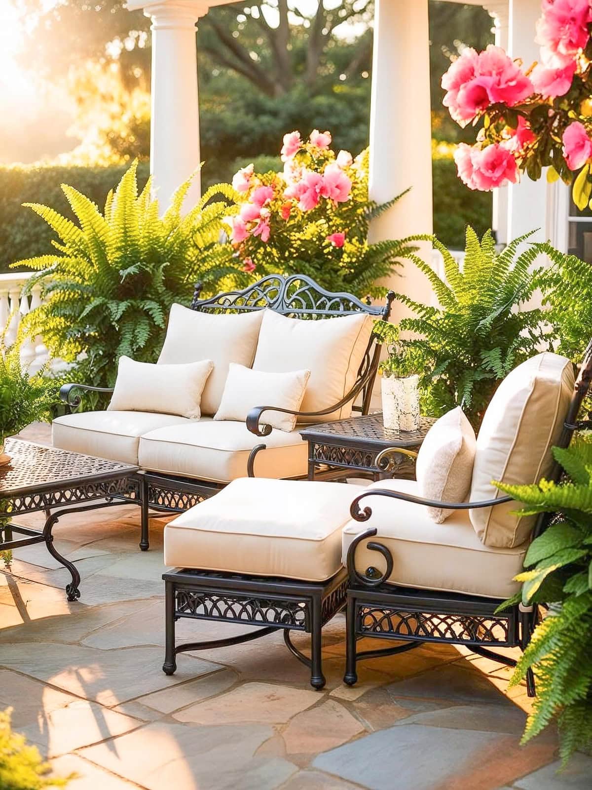 Outdoor patio with wrought iron furniture set