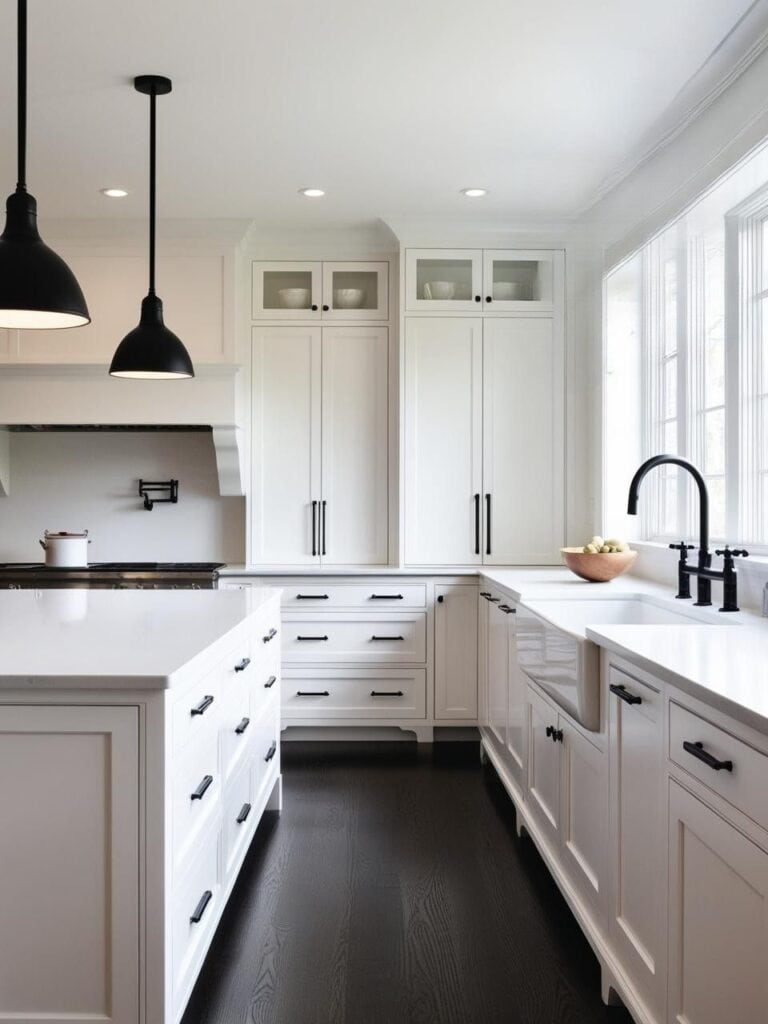 All white kitchen with shaker cabinets and clean lined matte black hardware showing correct pull and knob placement