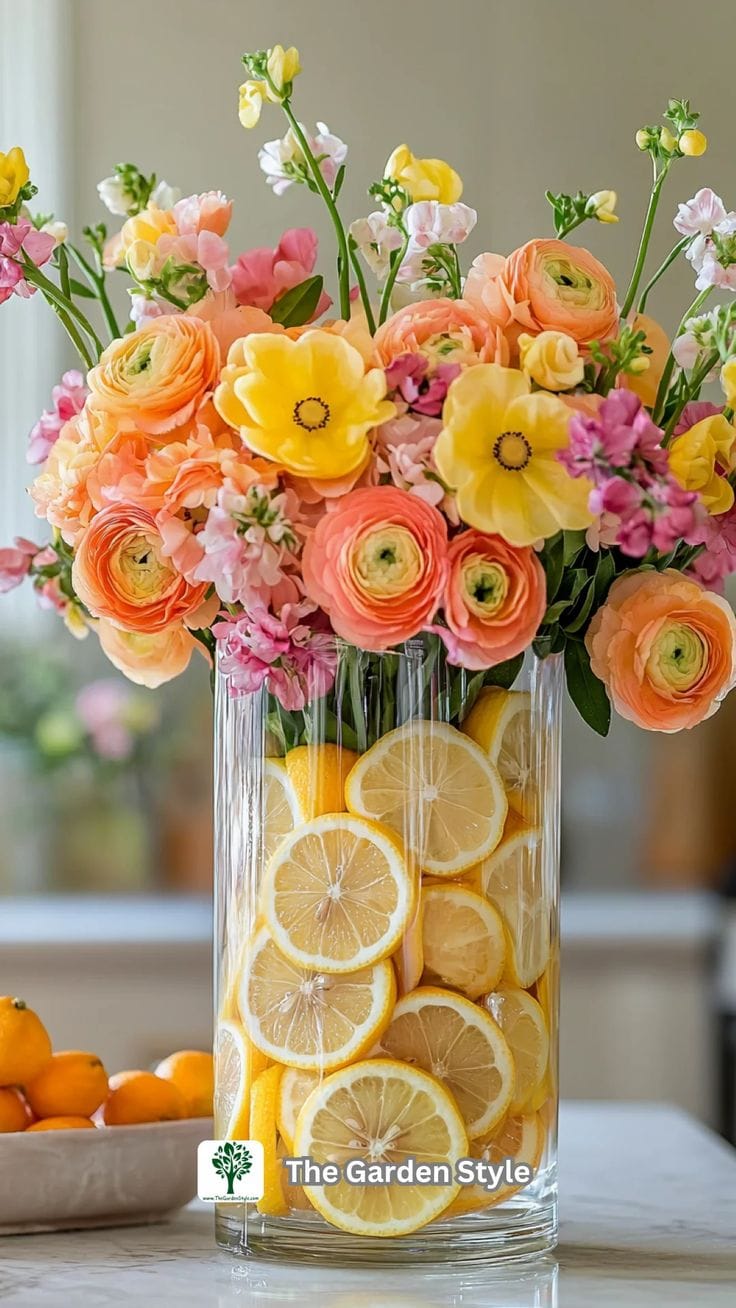Colorful bouquet of flowers with lemon in vase