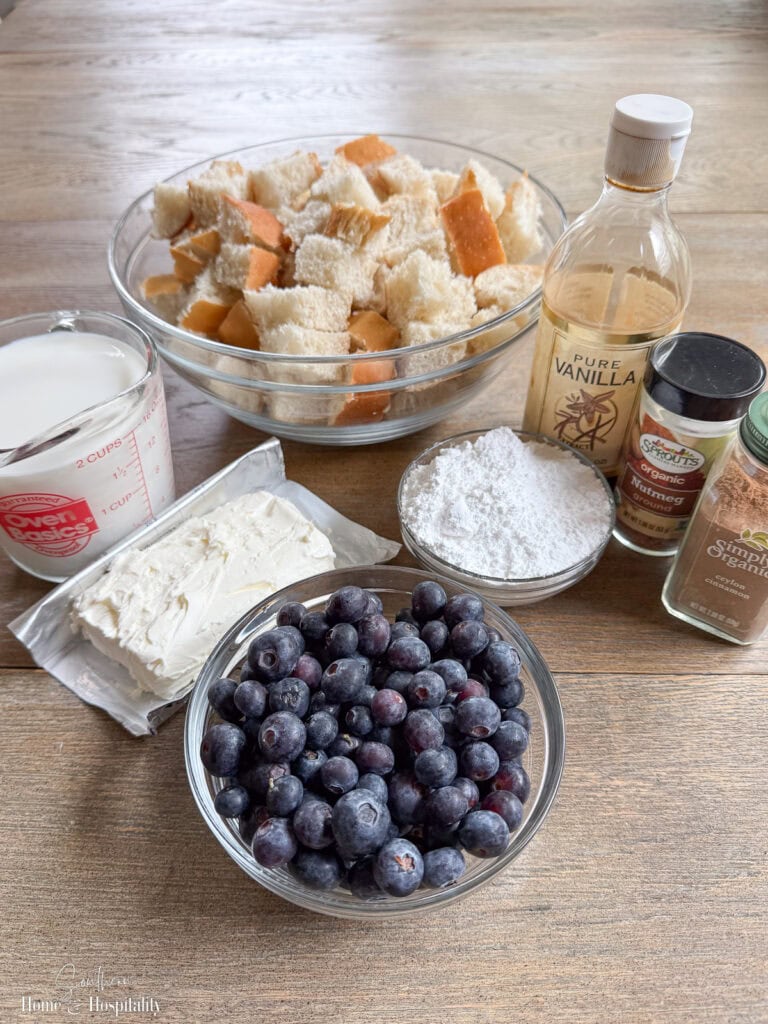 Ingredients for blueberry french toast casserole
