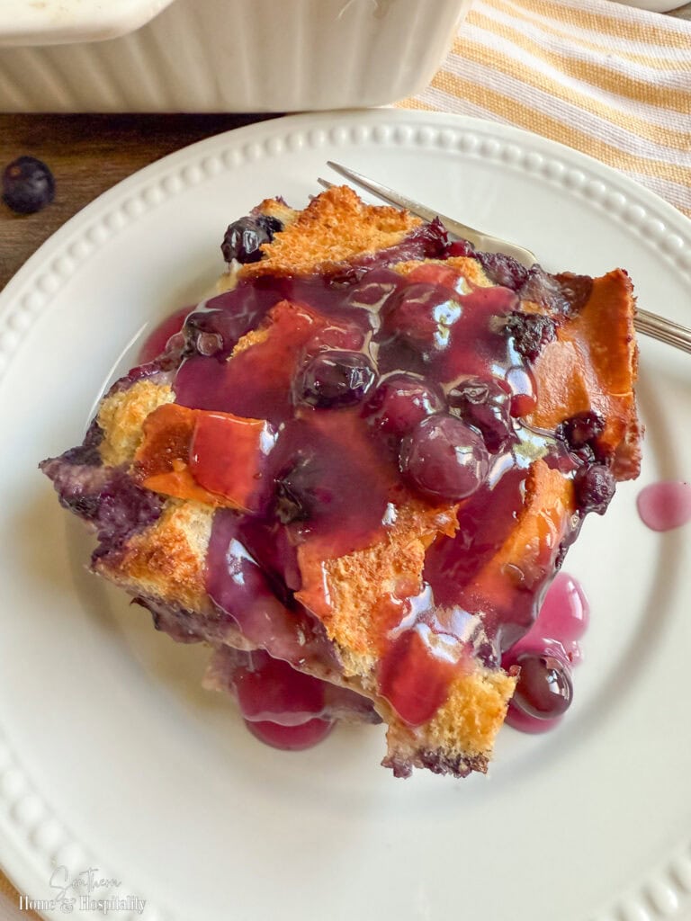 French toast casserole with blueberry sauce