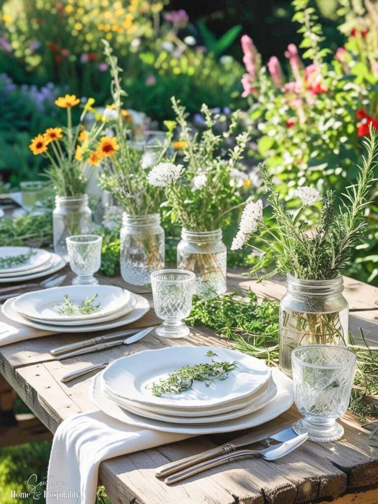 Elegant summer table setting inspired by the Martha Stewart aesthetic, with white dishes, linen napkins, and fresh herbs.