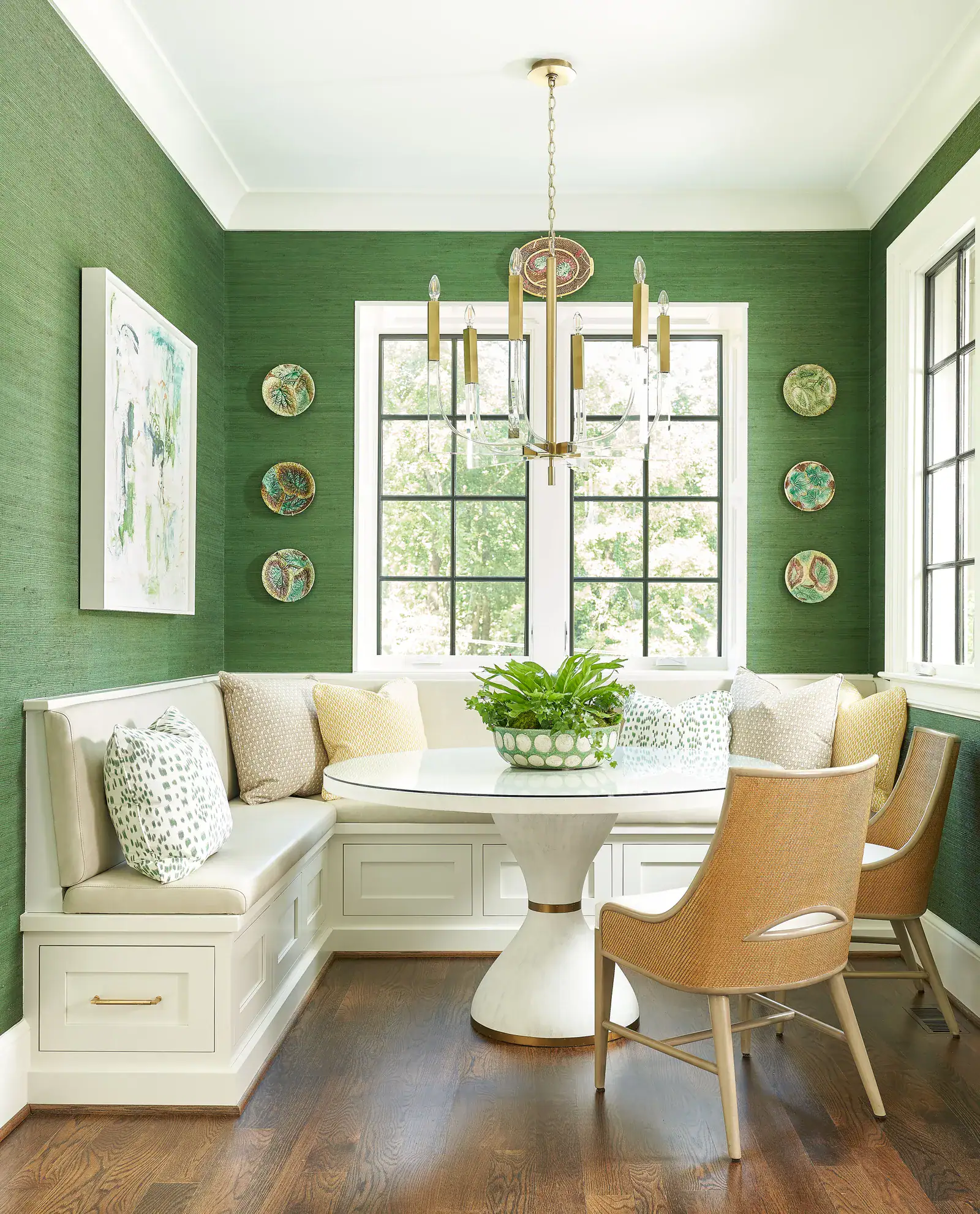Green grasscloth wallpaper in kitchen nook