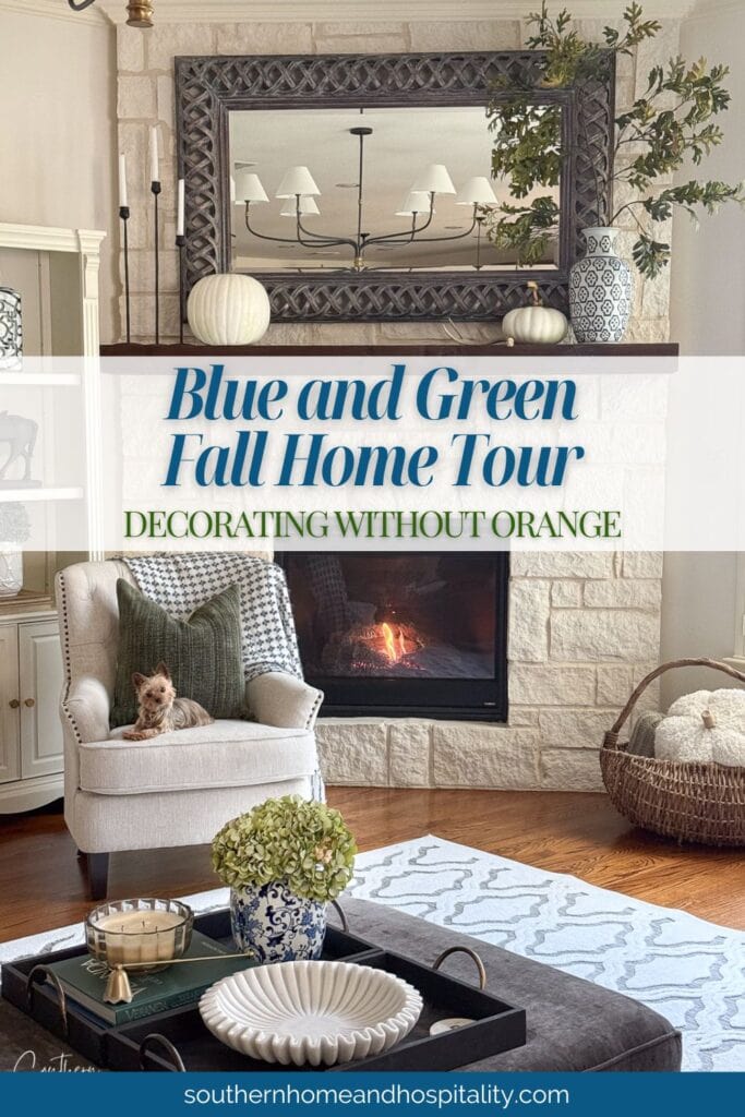 Fall decorating without orange. Blue and green fall home tour with muted seasonal colors that last through Thanksgiving.