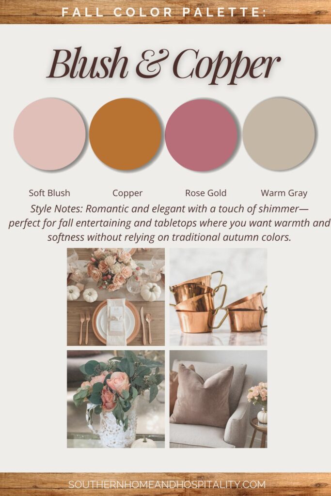 Blush and copper fall color palette with rose gold and warm gray for romantic and feminine autumn decorating ideas.