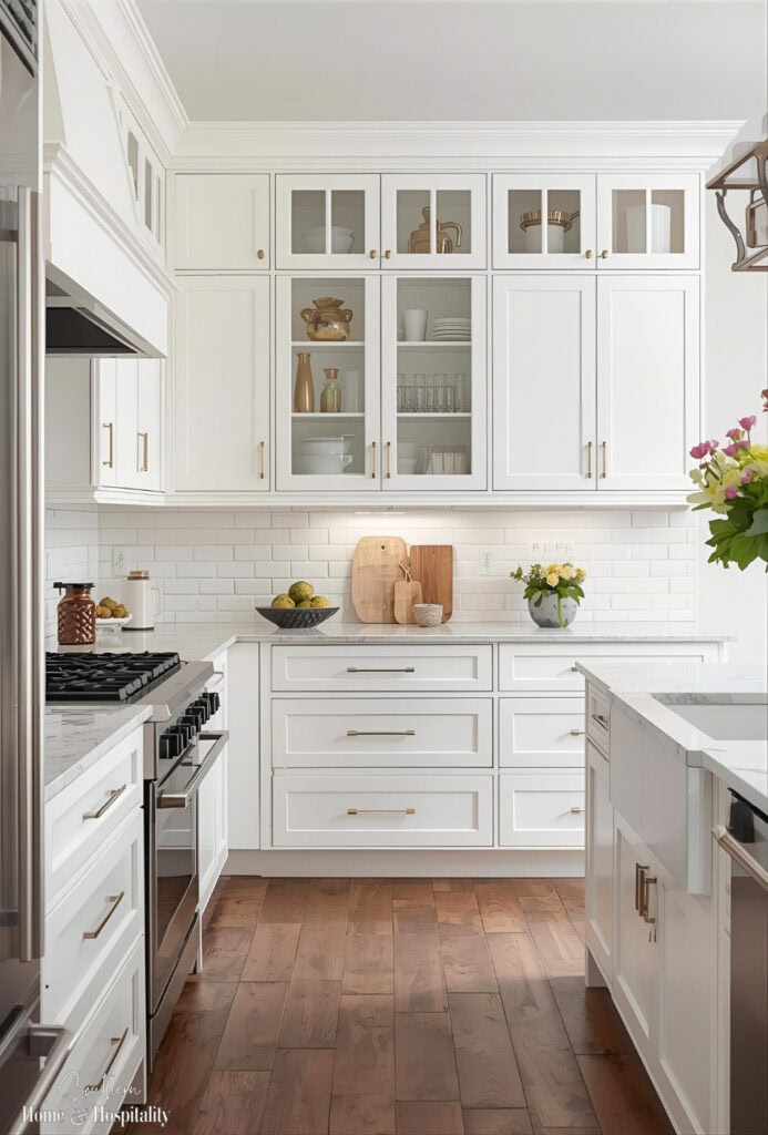 White kitchen with shaker cabinets, brushed brass knobs, and matching pulls showing cohesive hardware placement and proportion.