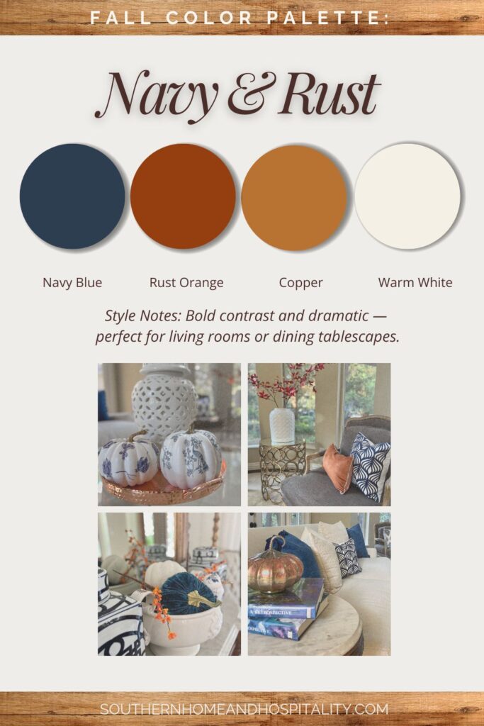 Navy and rust fall color palette with copper and white accents for dramatic autumn decorating and tablescapes.