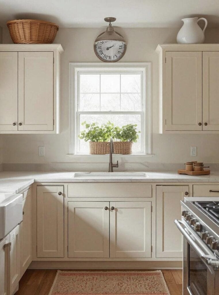 Farmhouse kitchen with off-white cabinets and open space above decorated with a large basket, and pitcher, cozy but uncluttered feel