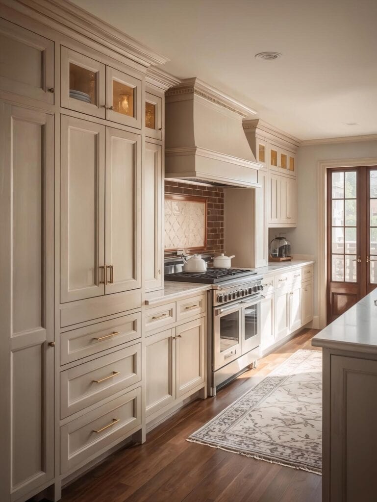 Transitional kitchen with soft white cabinets that go up to the ceiling