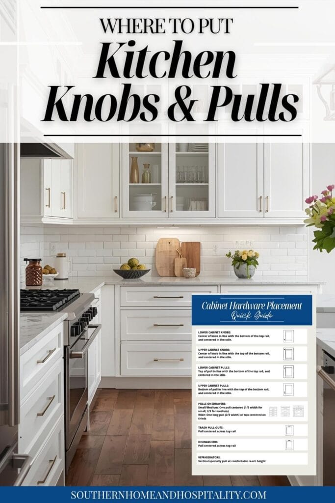 White kitchen with gold hardware and a cabinet hardware placement quick guide overlay showing where to put knobs and pulls on cabinets and drawers.