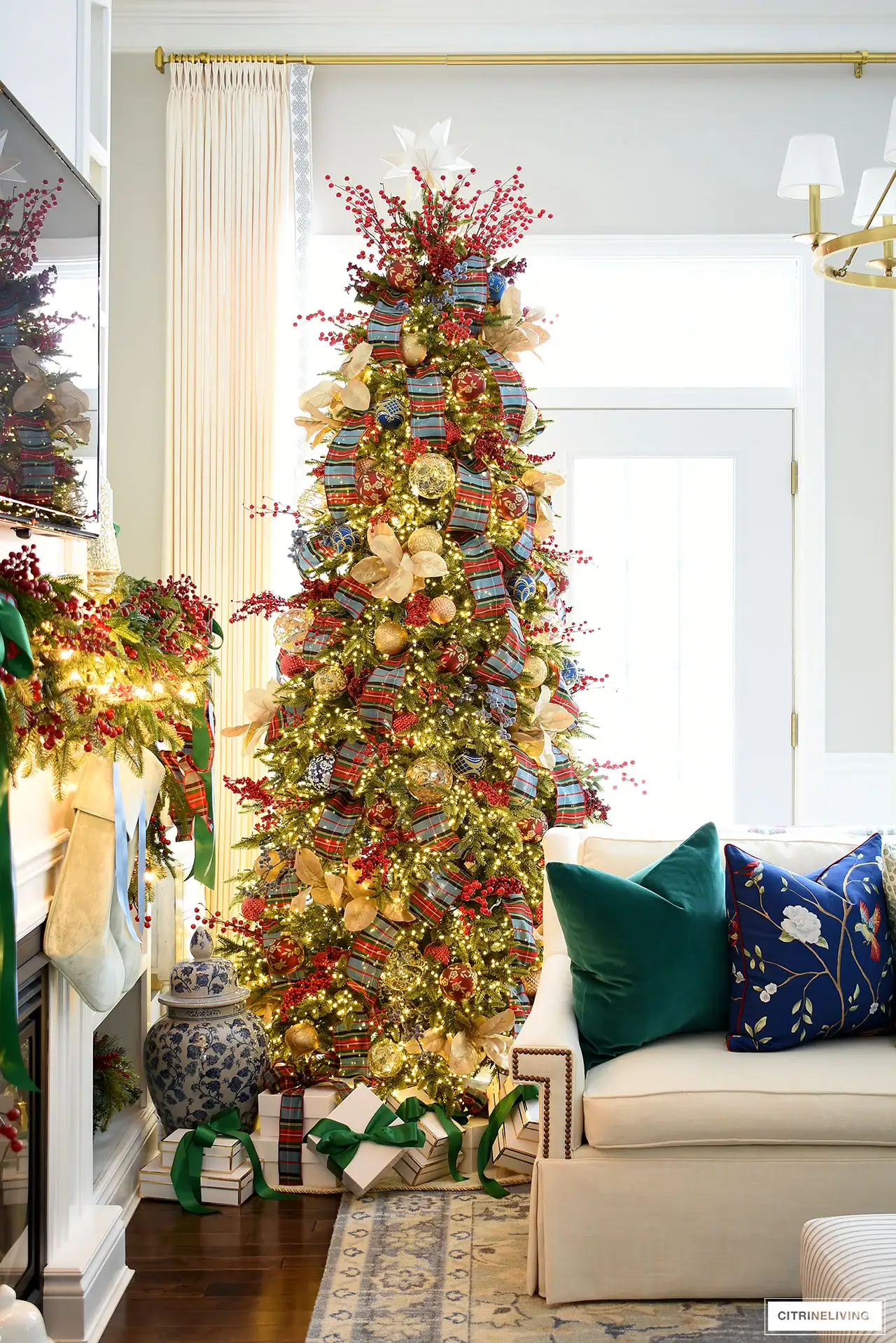 Christmas tree with red and blue plaid ribbon