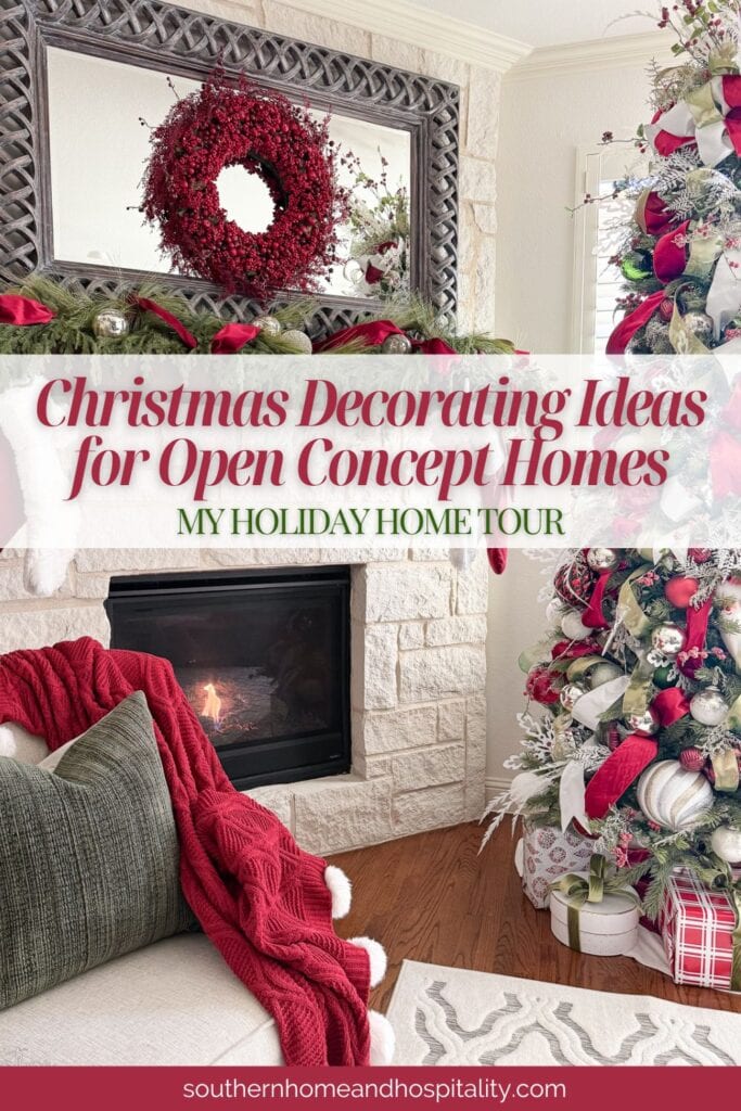 Christmas fireplace mantel and tree in open concept family room decorated in red, green, and white with garland, ribbon, and greenery for a cohesive holiday home tour.