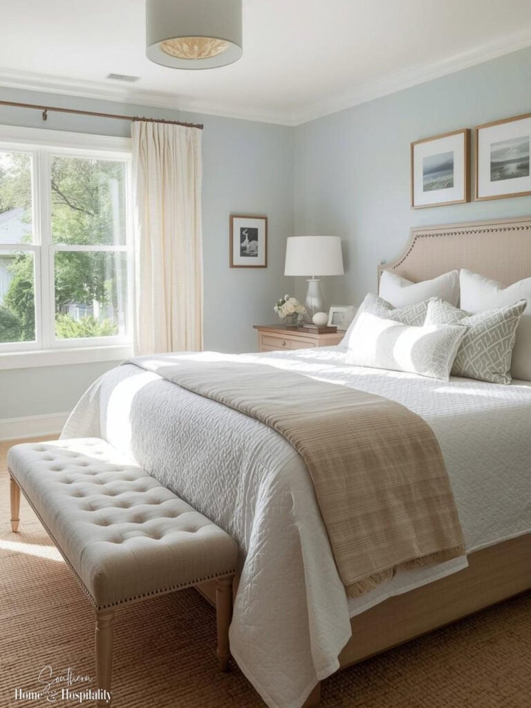 Small bedroom painted a pale blue-gray with white bedding and natural light to help the room feel larger and more airy.