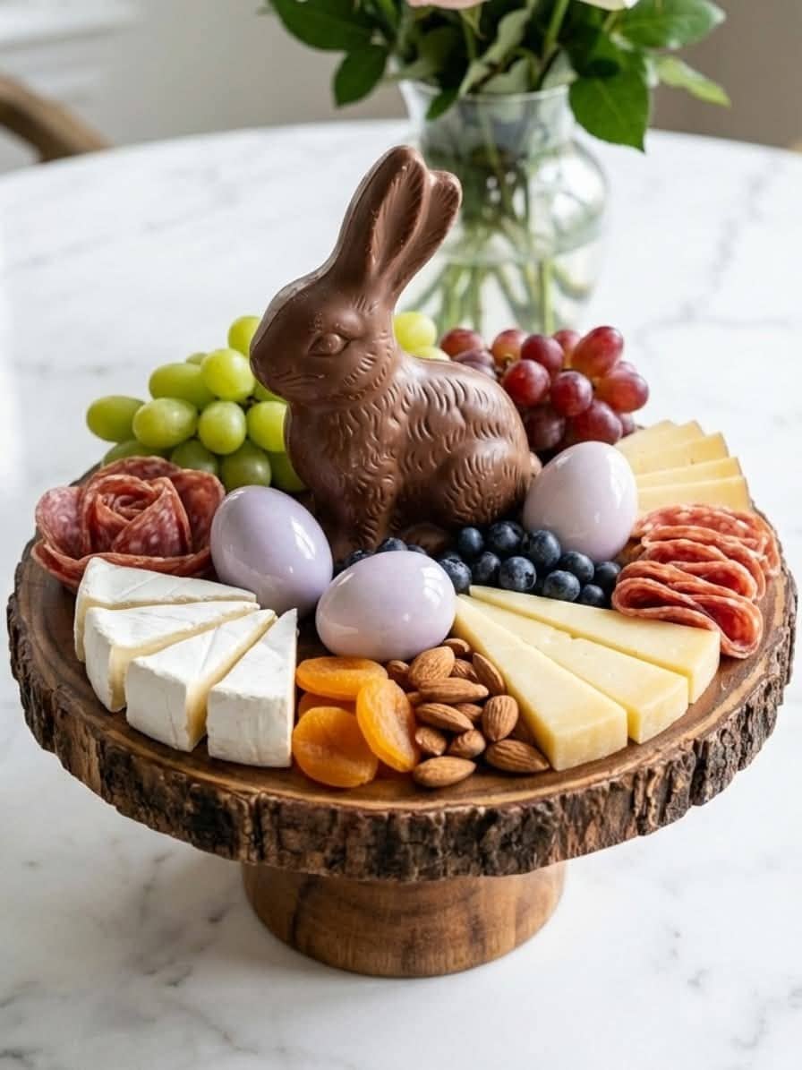 Charcuterie board with chocolate bunny and easter eggs