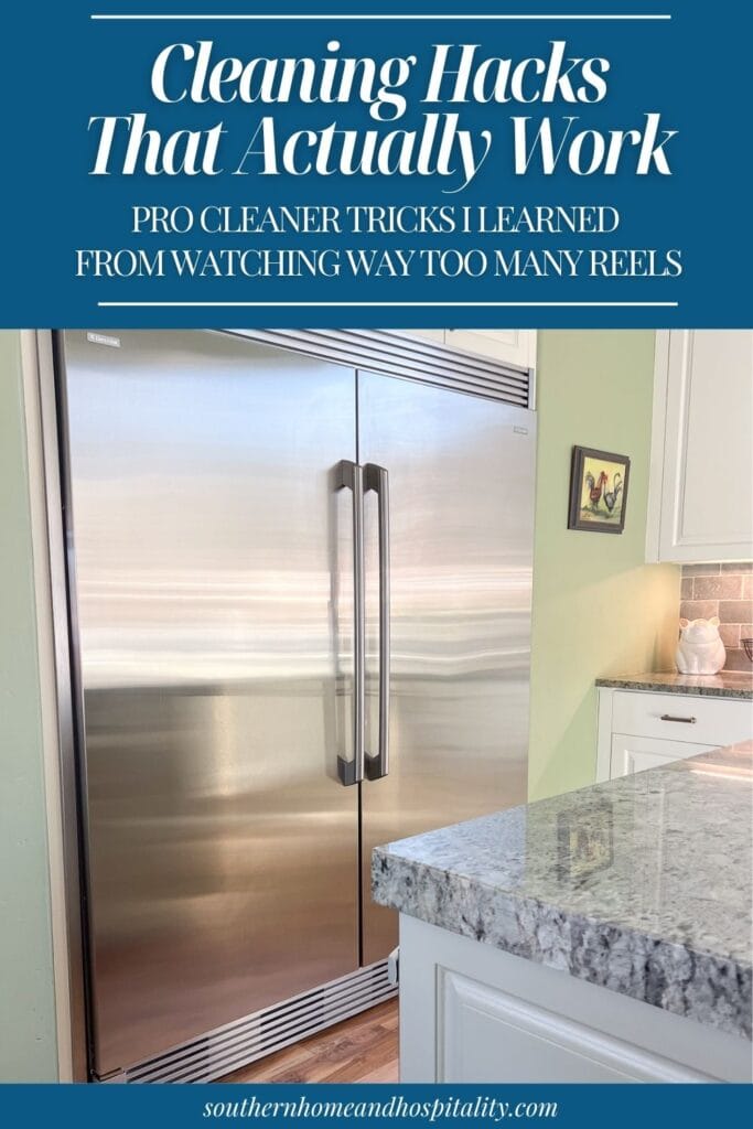 Stainless steel refrigerator in a bright kitchen illustrating cleaning hacks that actually work.